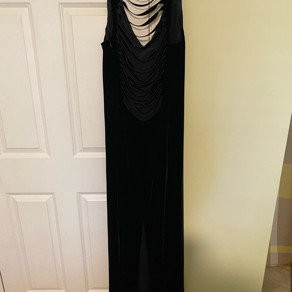 Vintage Armani Collezioni black velvet maxi dress with ribbon effect in back.